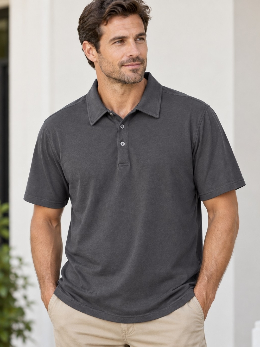 Quince Men's Short-Sleeve Polo SzL Curve Dark Grey Minimalist Business Casual